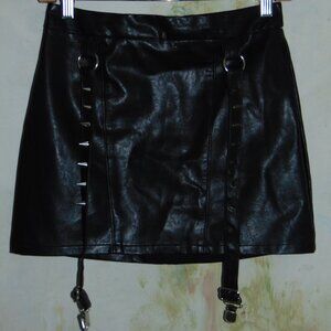 Current Mood X Dolls Kill Black Faux Leather Spiked Garter Belt Mini Skirt Goth